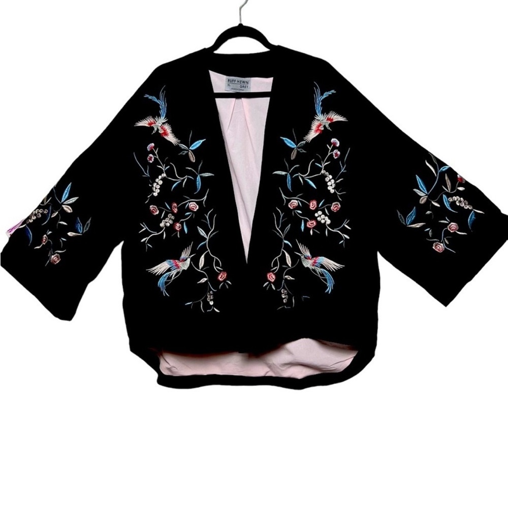 RUFF HEWN EMBROIDERED BLACK BLAZER hummingbird oversized Flowy boho size XL